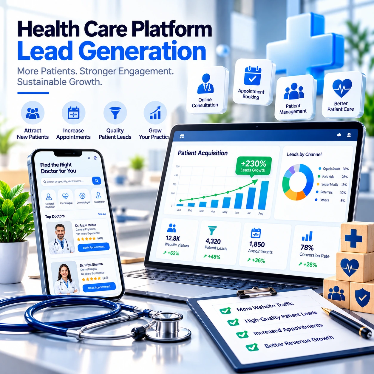 Healthcare platform and appointment dashboard on laptop